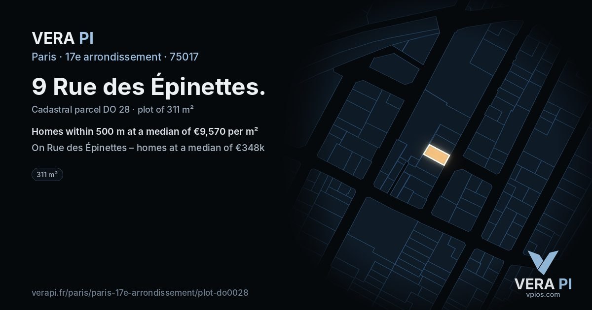 9 Rue des Épinettes, 17e arrondissement at night – the plot lit, the parcels around coloured by the prices near them