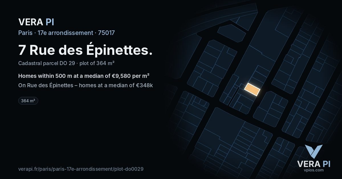 7 Rue des Épinettes, 17e arrondissement at night – the plot lit, the parcels around coloured by the prices near them