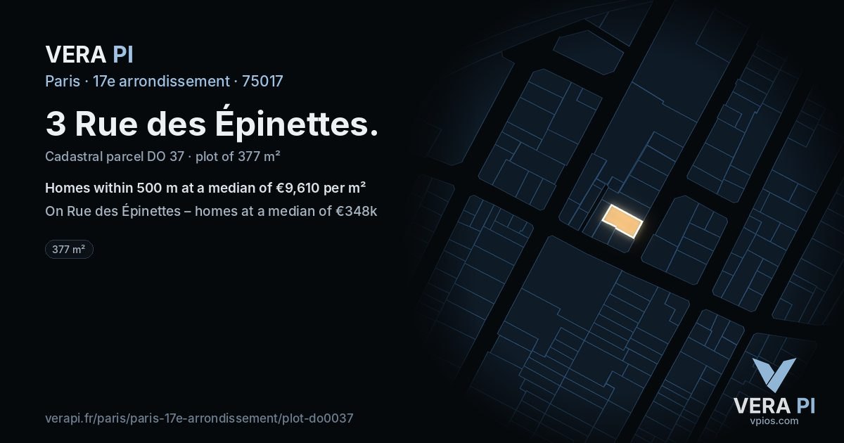 3 Rue des Épinettes, 17e arrondissement at night – the plot lit, the parcels around coloured by the prices near them