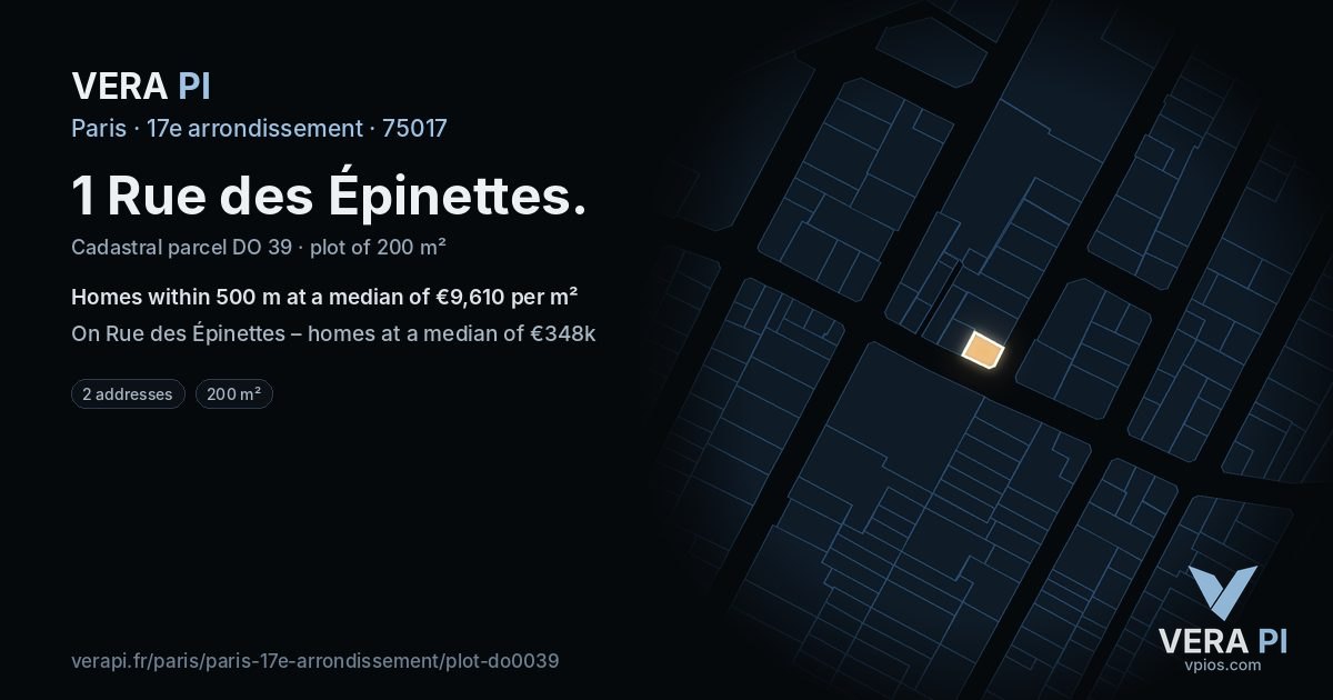 1 Rue des Épinettes, 17e arrondissement at night – the plot lit, the parcels around coloured by the prices near them