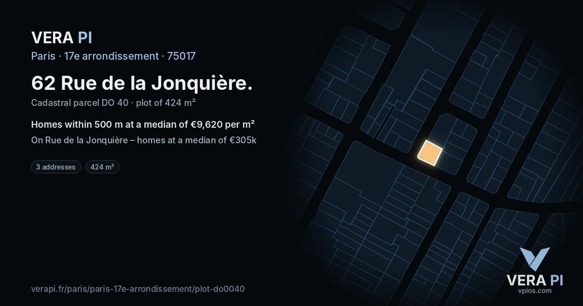 62 Rue de la Jonquière, 17e arrondissement at night – the plot lit, the parcels around coloured by the prices near them