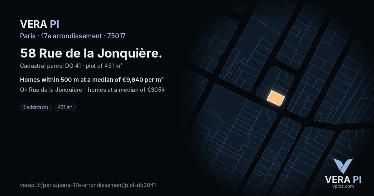 58 Rue de la Jonquière, 17e arrondissement at night – the plot lit, the parcels around coloured by the prices near them