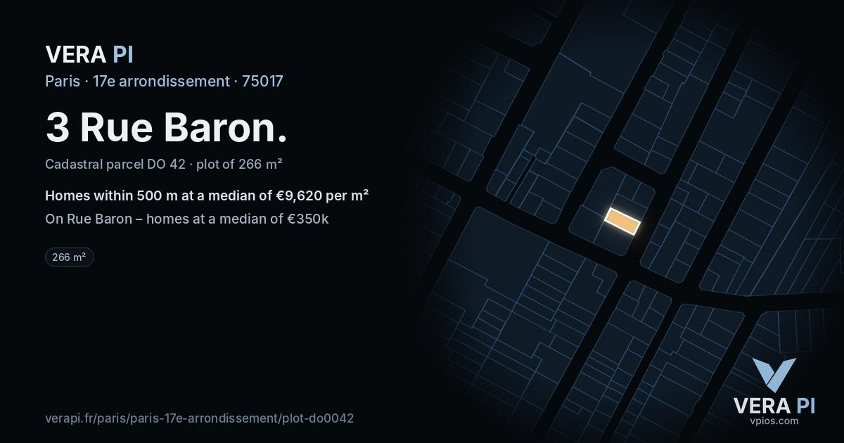 3 Rue Baron, 17e arrondissement at night – the plot lit, the parcels around coloured by the prices near them