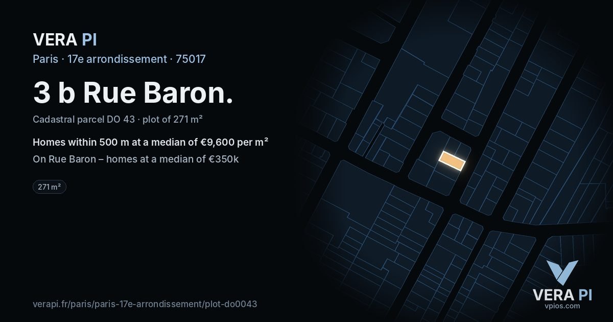 3 b Rue Baron, 17e arrondissement at night – the plot lit, the parcels around coloured by the prices near them