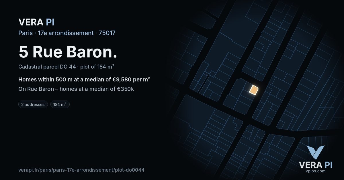 5 Rue Baron, 17e arrondissement at night – the plot lit, the parcels around coloured by the prices near them