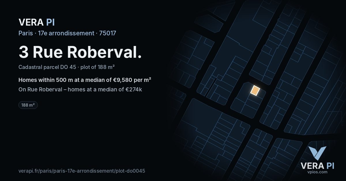 3 Rue Roberval, 17e arrondissement at night – the plot lit, the parcels around coloured by the prices near them