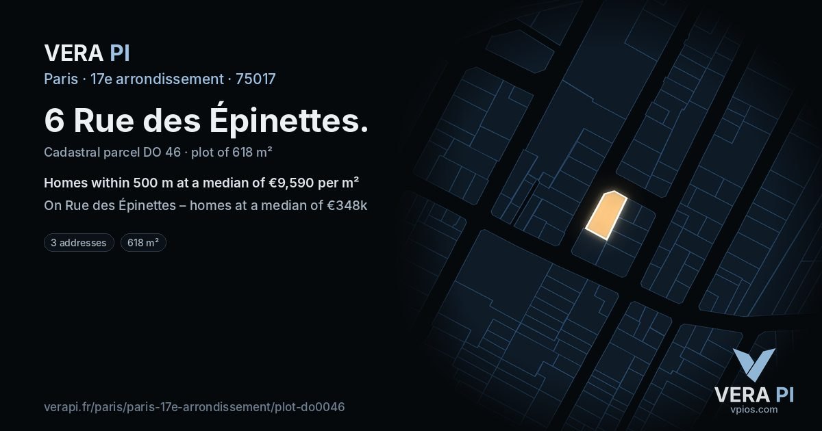 6 Rue des Épinettes, 17e arrondissement at night – the plot lit, the parcels around coloured by the prices near them