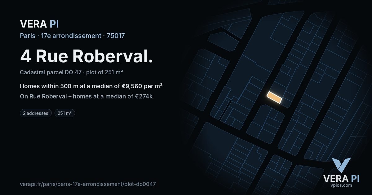 4 Rue Roberval, 17e arrondissement at night – the plot lit, the parcels around coloured by the prices near them