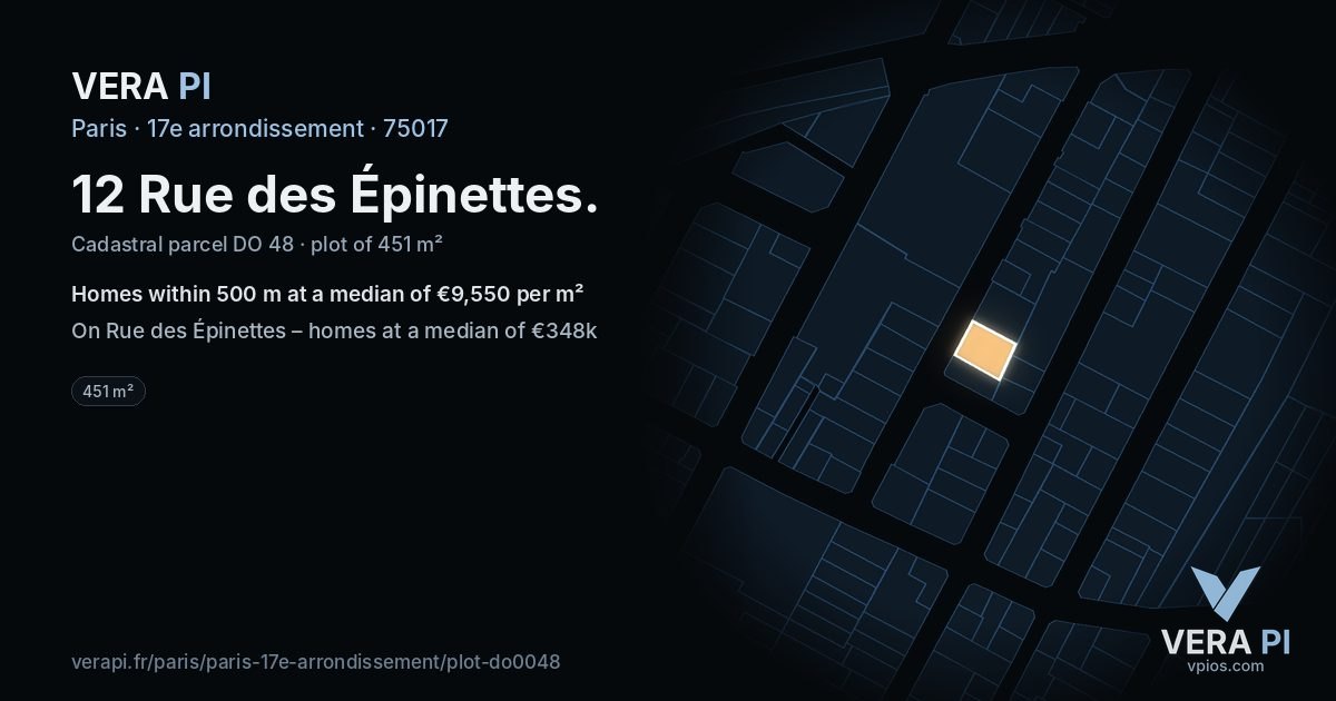 12 Rue des Épinettes, 17e arrondissement at night – the plot lit, the parcels around coloured by the prices near them