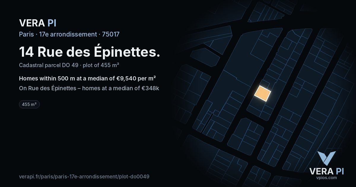 14 Rue des Épinettes, 17e arrondissement at night – the plot lit, the parcels around coloured by the prices near them