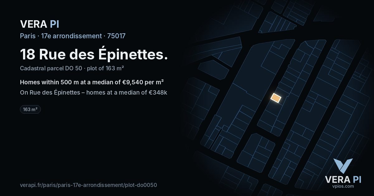 18 Rue des Épinettes, 17e arrondissement at night – the plot lit, the parcels around coloured by the prices near them
