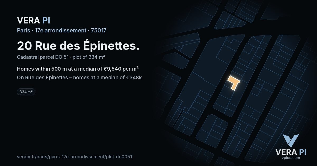 20 Rue des Épinettes, 17e arrondissement at night – the plot lit, the parcels around coloured by the prices near them