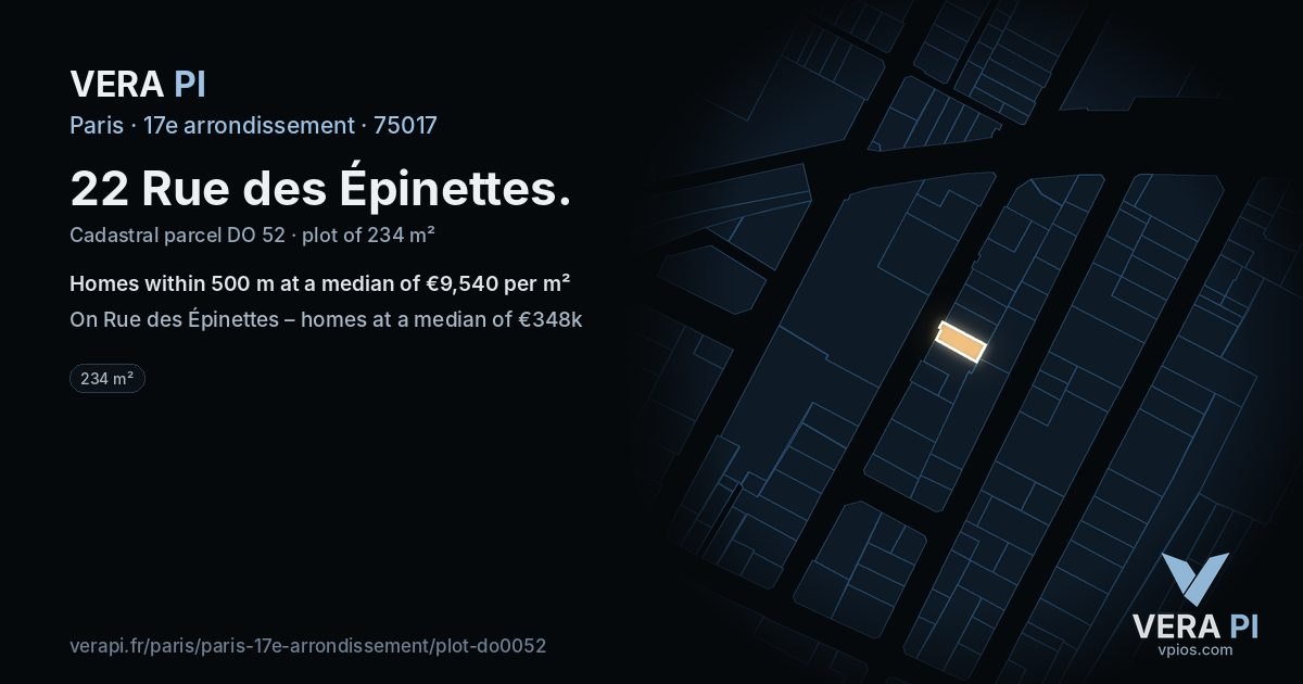 22 Rue des Épinettes, 17e arrondissement at night – the plot lit, the parcels around coloured by the prices near them