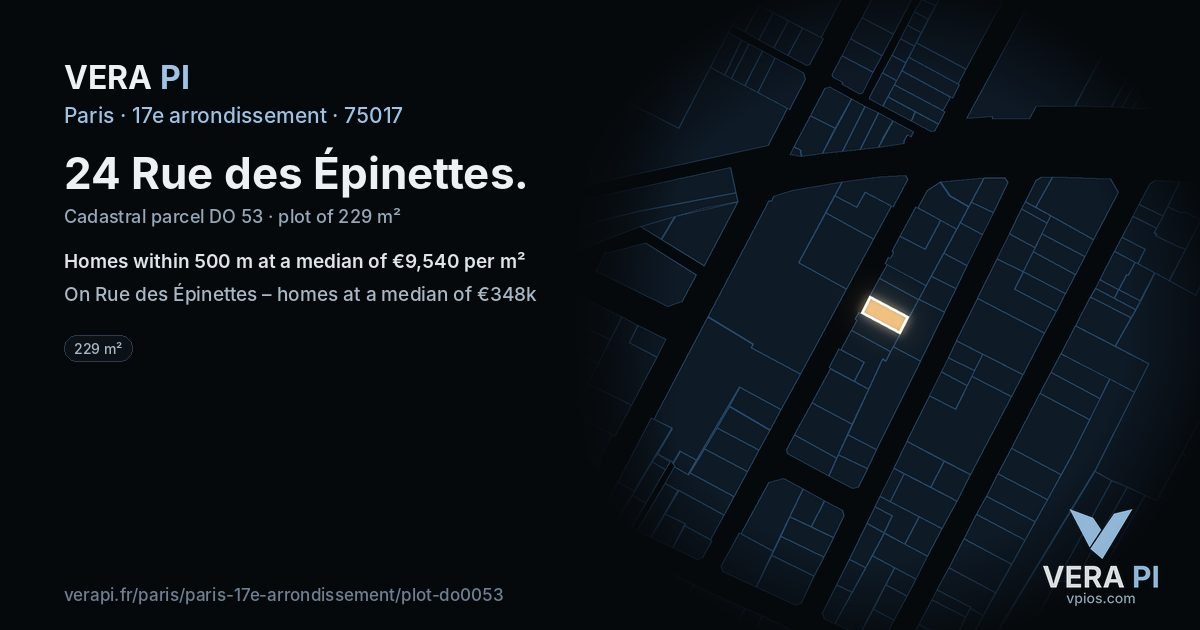 24 Rue des Épinettes, 17e arrondissement at night – the plot lit, the parcels around coloured by the prices near them