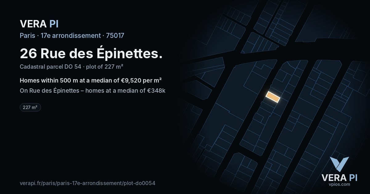 26 Rue des Épinettes, 17e arrondissement at night – the plot lit, the parcels around coloured by the prices near them