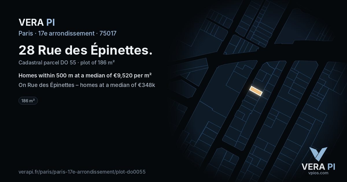 28 Rue des Épinettes, 17e arrondissement at night – the plot lit, the parcels around coloured by the prices near them