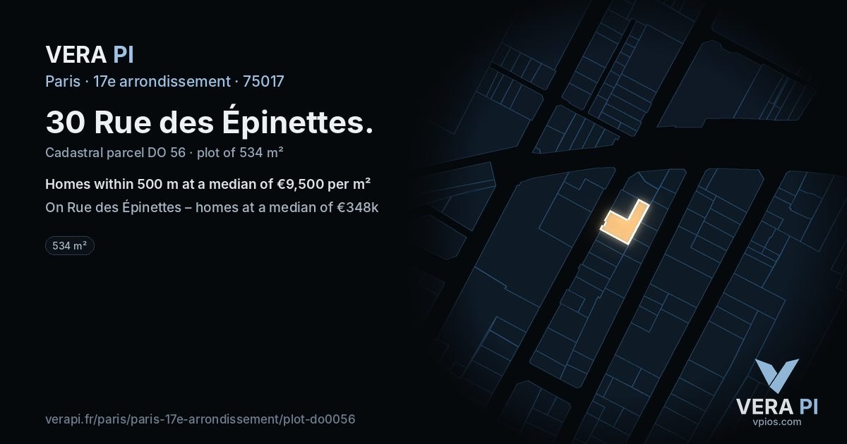 30 Rue des Épinettes, 17e arrondissement at night – the plot lit, the parcels around coloured by the prices near them