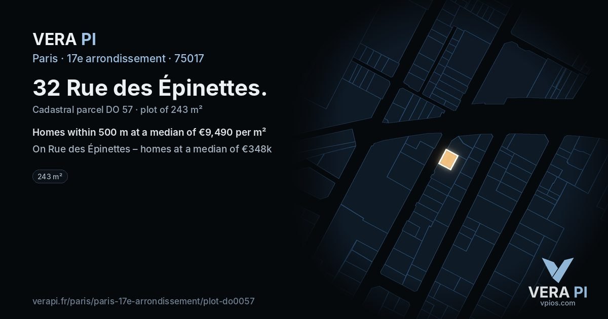 32 Rue des Épinettes, 17e arrondissement at night – the plot lit, the parcels around coloured by the prices near them