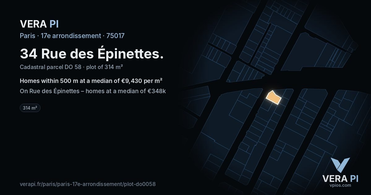 34 Rue des Épinettes, 17e arrondissement at night – the plot lit, the parcels around coloured by the prices near them