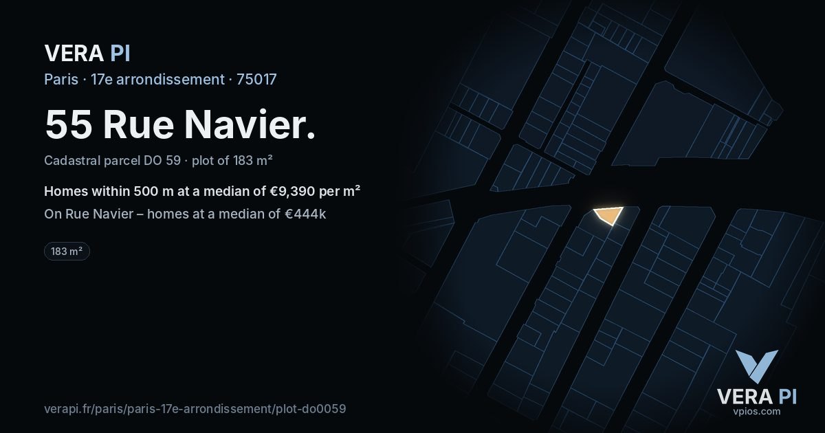55 Rue Navier, 17e arrondissement at night – the plot lit, the parcels around coloured by the prices near them