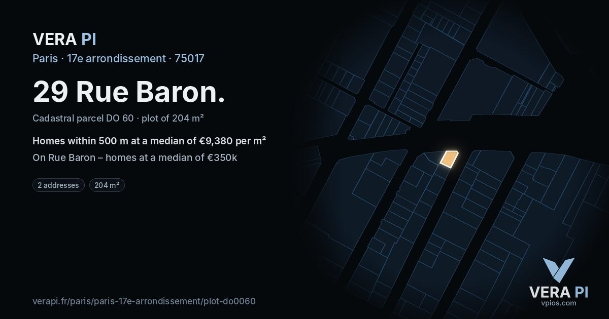 29 Rue Baron, 17e arrondissement at night – the plot lit, the parcels around coloured by the prices near them
