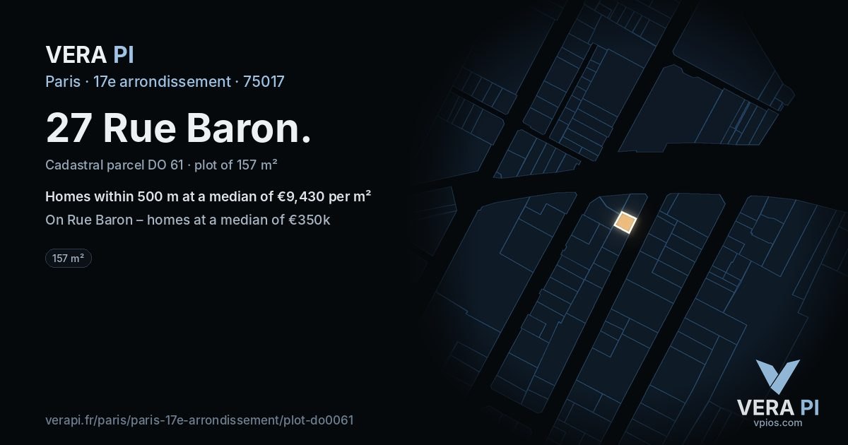 27 Rue Baron, 17e arrondissement at night – the plot lit, the parcels around coloured by the prices near them