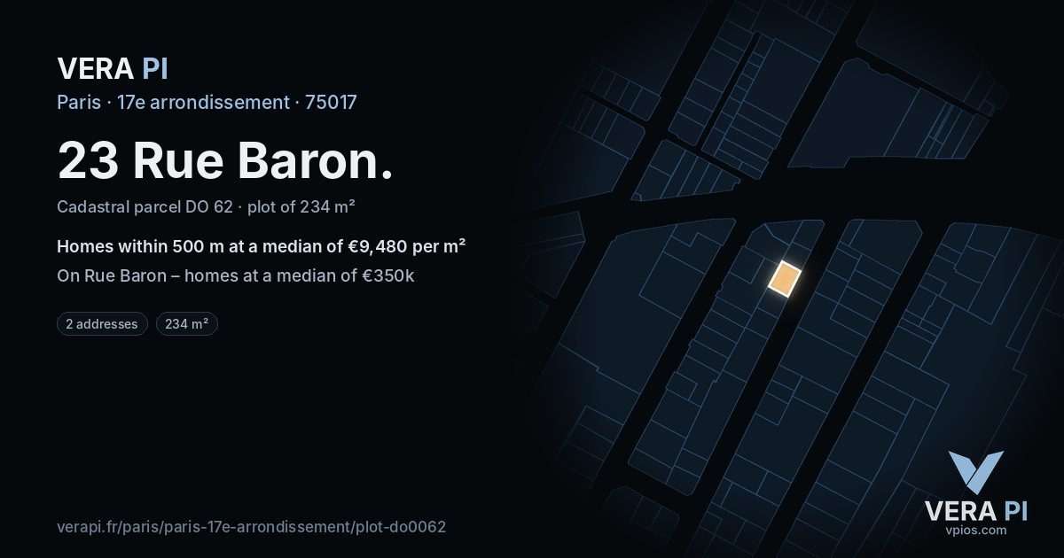 23 Rue Baron, 17e arrondissement at night – the plot lit, the parcels around coloured by the prices near them
