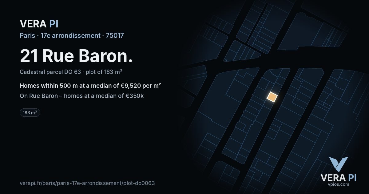 21 Rue Baron, 17e arrondissement at night – the plot lit, the parcels around coloured by the prices near them