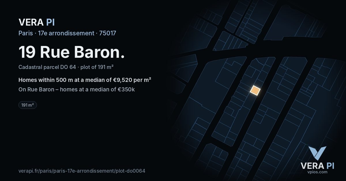 19 Rue Baron, 17e arrondissement at night – the plot lit, the parcels around coloured by the prices near them