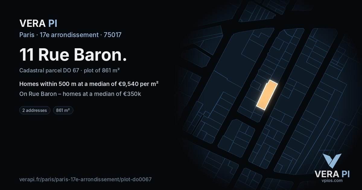 11 Rue Baron, 17e arrondissement at night – the plot lit, the parcels around coloured by the prices near them