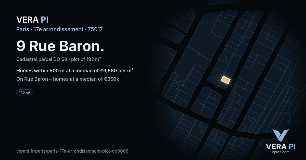 9 Rue Baron, 17e arrondissement at night – the plot lit, the parcels around coloured by the prices near them