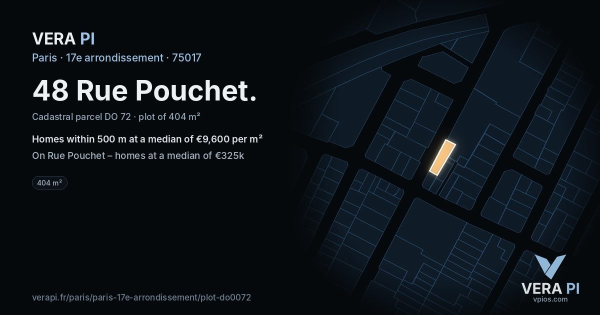 48 Rue Pouchet, 17e arrondissement at night – the plot lit, the parcels around coloured by the prices near them