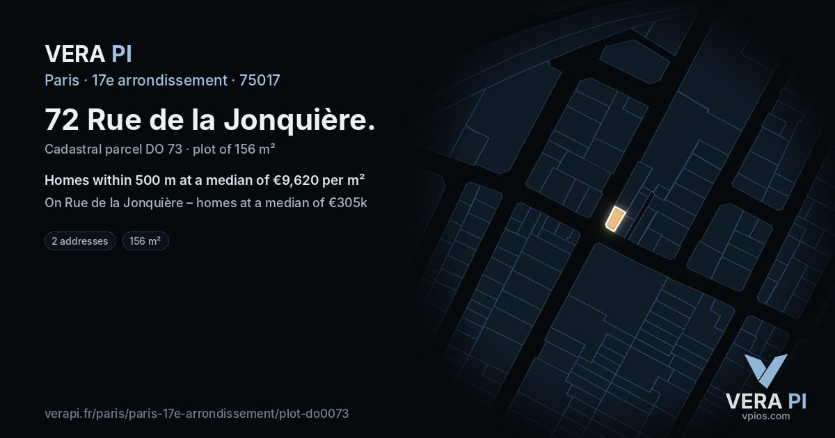 72 Rue de la Jonquière, 17e arrondissement at night – the plot lit, the parcels around coloured by the prices near them