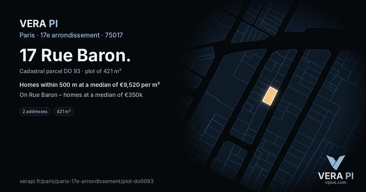 17 Rue Baron, 17e arrondissement at night – the plot lit, the parcels around coloured by the prices near them