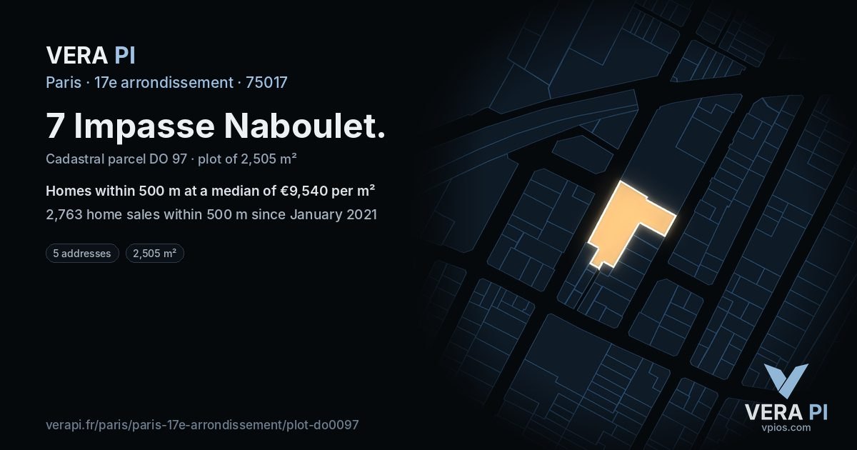 7 Impasse Naboulet, 17e arrondissement at night – the plot lit, the parcels around coloured by the prices near them