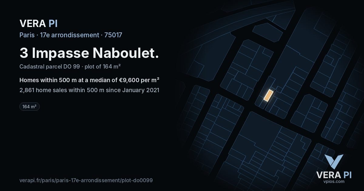 3 Impasse Naboulet, 17e arrondissement at night – the plot lit, the parcels around coloured by the prices near them