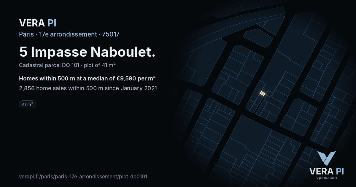 5 Impasse Naboulet, 17e arrondissement at night – the plot lit, the parcels around coloured by the prices near them