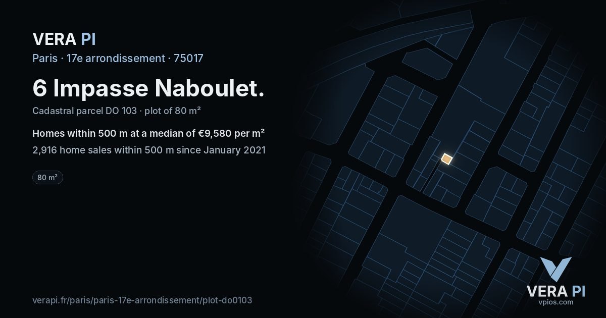 6 Impasse Naboulet, 17e arrondissement at night – the plot lit, the parcels around coloured by the prices near them