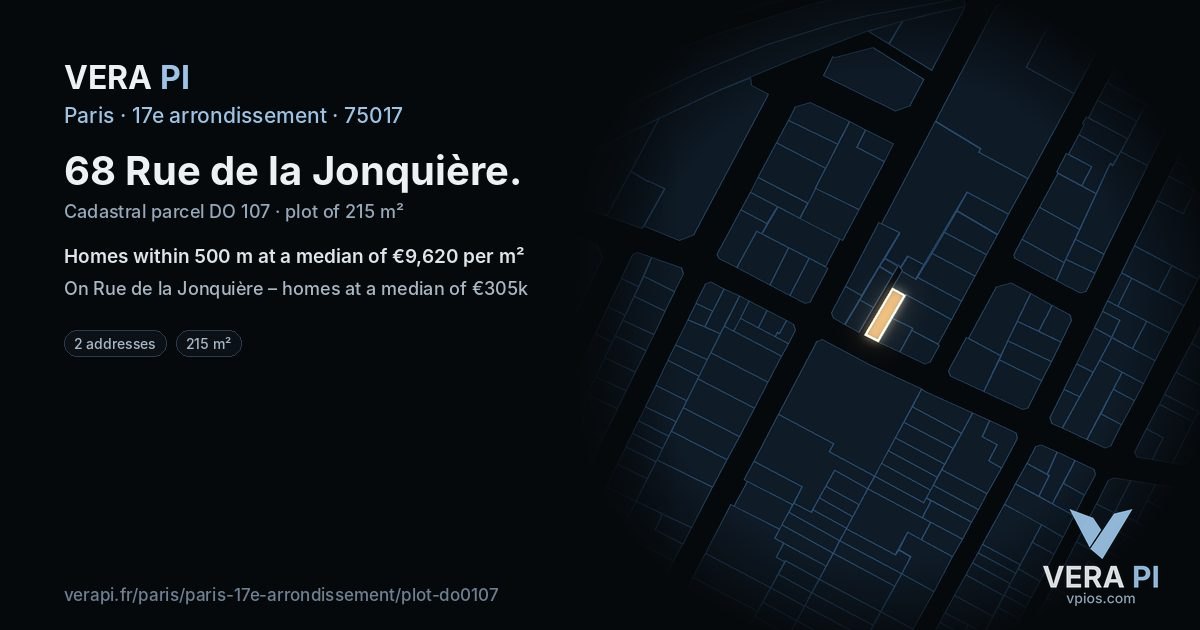 68 Rue de la Jonquière, 17e arrondissement at night – the plot lit, the parcels around coloured by the prices near them