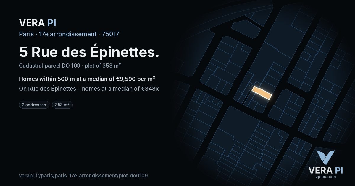 5 Rue des Épinettes, 17e arrondissement at night – the plot lit, the parcels around coloured by the prices near them