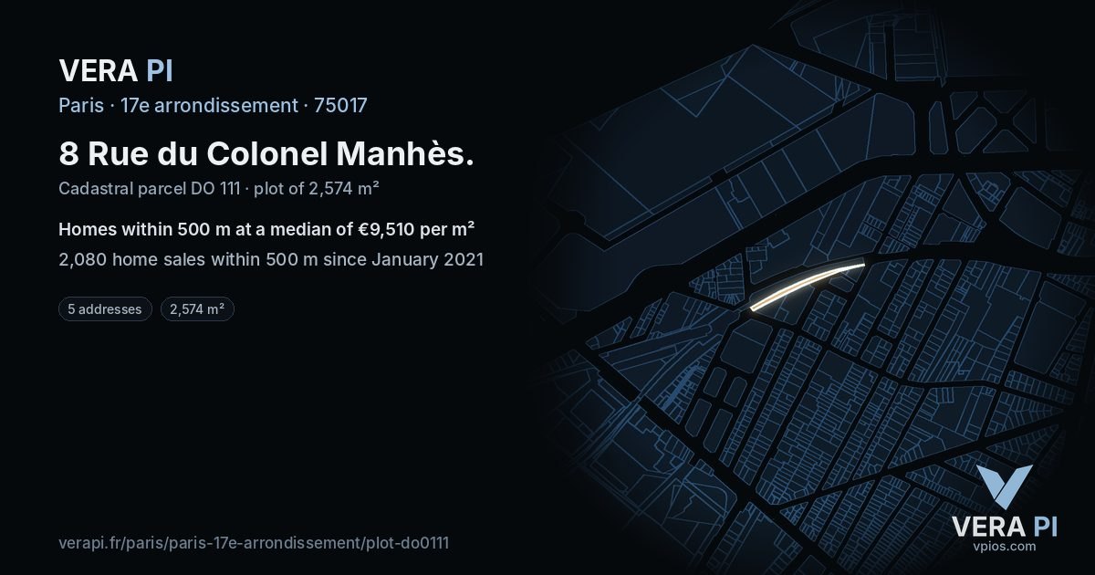 8 Rue du Colonel Manhès, 17e arrondissement at night – the plot lit, the parcels around coloured by the prices near them