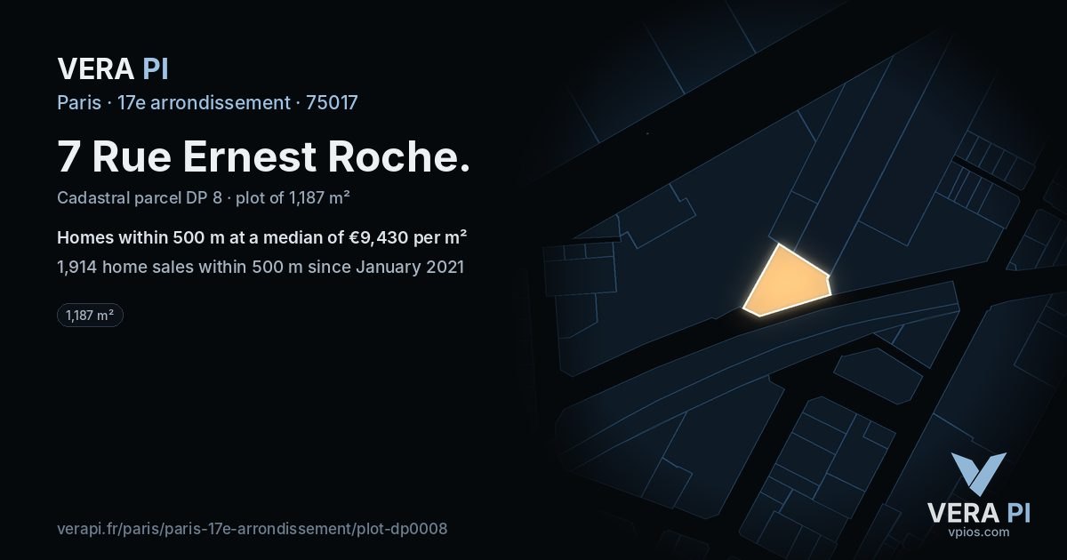 7 Rue Ernest Roche, 17e arrondissement at night – the plot lit, the parcels around coloured by the prices near them