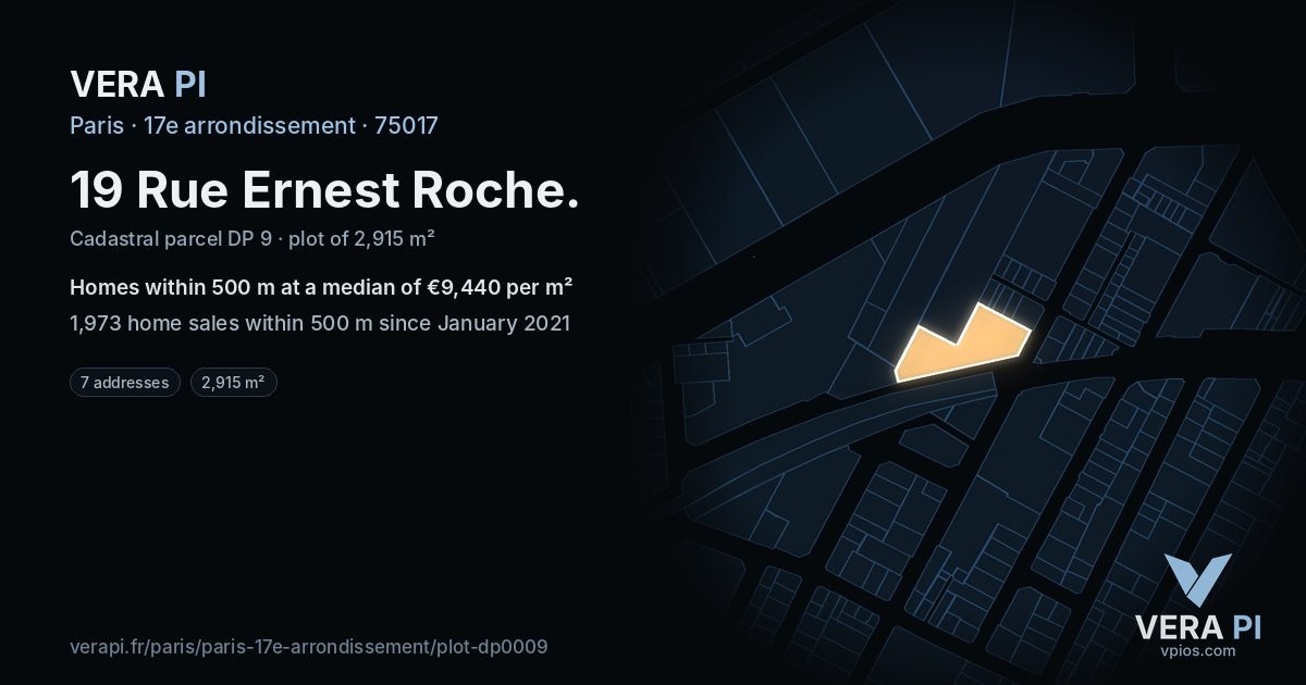 19 Rue Ernest Roche, 17e arrondissement at night – the plot lit, the parcels around coloured by the prices near them