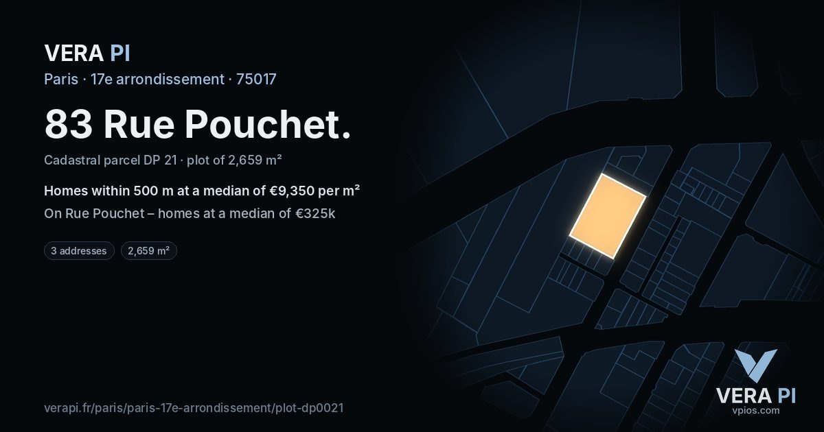 83 Rue Pouchet, 17e arrondissement at night – the plot lit, the parcels around coloured by the prices near them