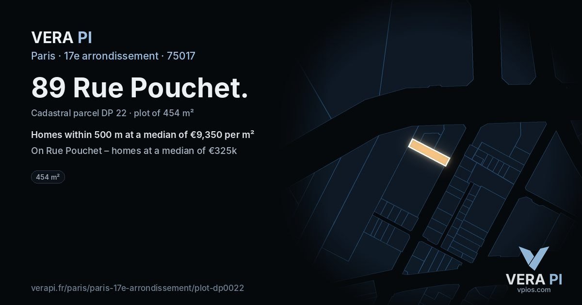 89 Rue Pouchet, 17e arrondissement at night – the plot lit, the parcels around coloured by the prices near them