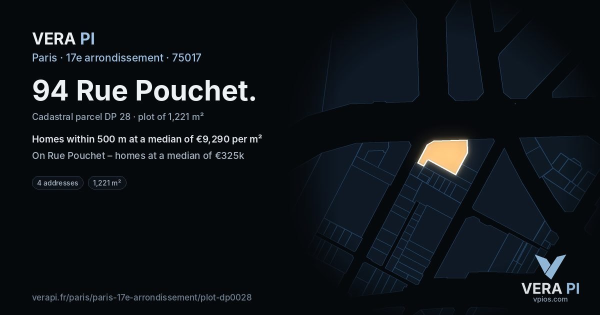 94 Rue Pouchet, 17e arrondissement at night – the plot lit, the parcels around coloured by the prices near them