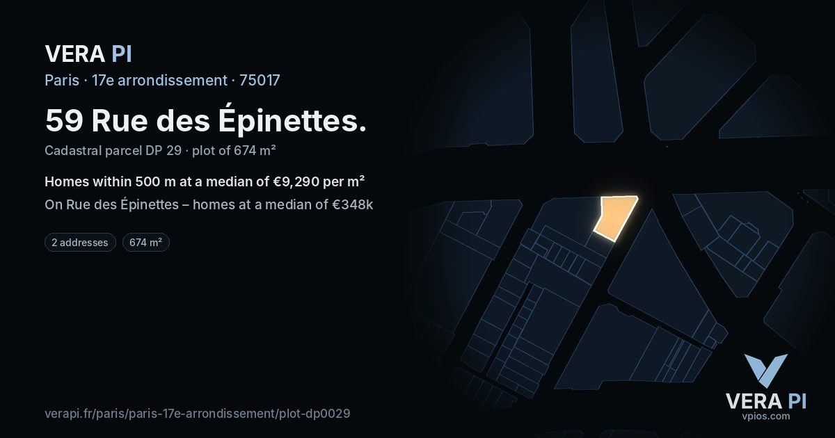 59 Rue des Épinettes, 17e arrondissement at night – the plot lit, the parcels around coloured by the prices near them