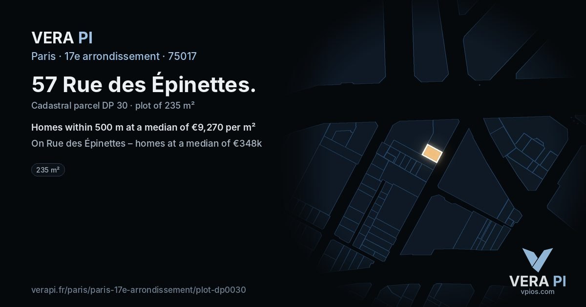 57 Rue des Épinettes, 17e arrondissement at night – the plot lit, the parcels around coloured by the prices near them