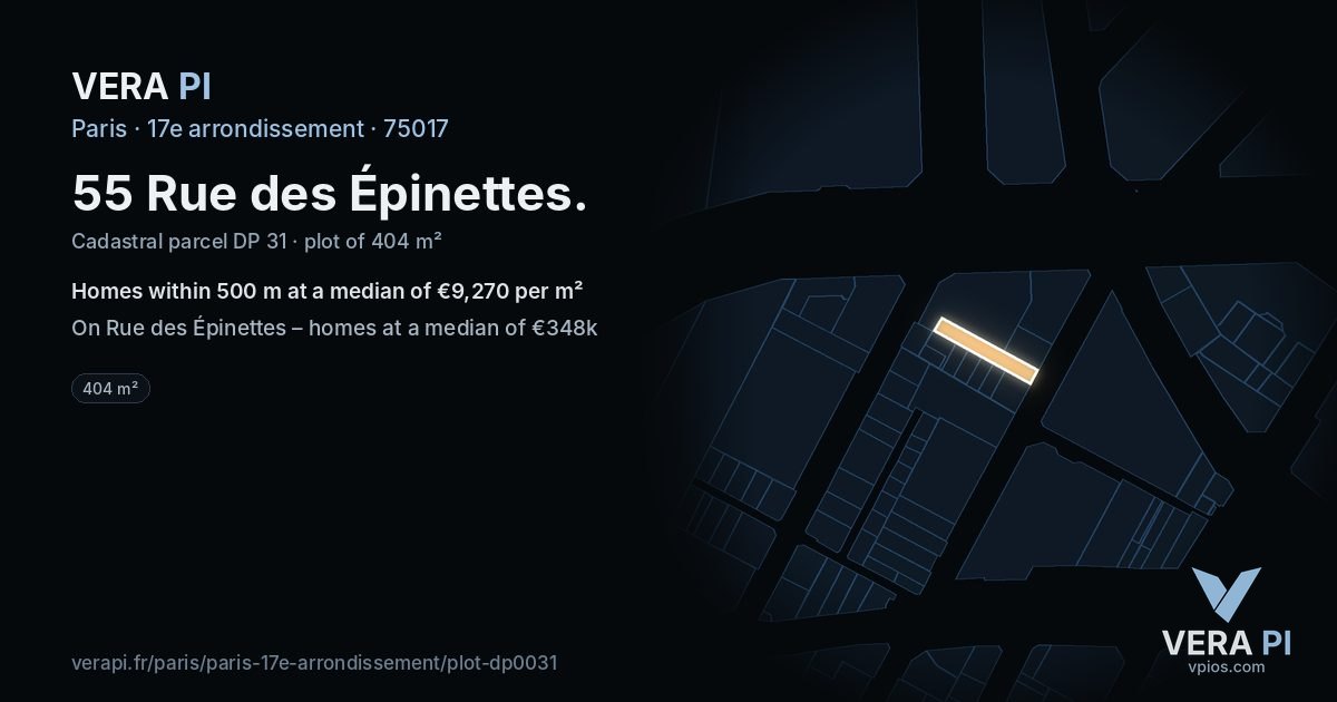 55 Rue des Épinettes, 17e arrondissement at night – the plot lit, the parcels around coloured by the prices near them