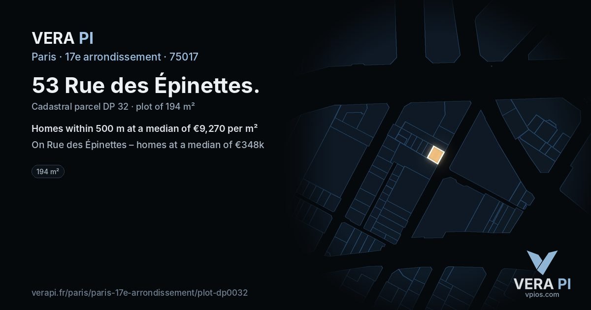 53 Rue des Épinettes, 17e arrondissement at night – the plot lit, the parcels around coloured by the prices near them